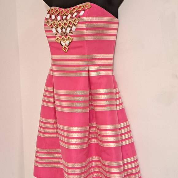 Lilly Pulitzer Size 0 Sami-Ryan Dress Pink Metallic Stripe Strapless - Picture 8 of 11